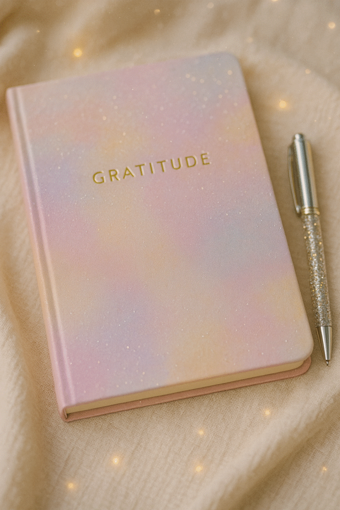 A gratitude journal with a sparkling pen, representing the start of a royal, self-love journey.