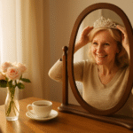 Woman placing a sparkly tiara on her head in front of a sunlit mirror