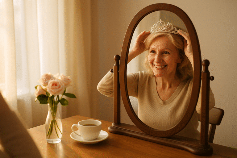 Woman placing a sparkly tiara on her head in front of a sunlit mirror
