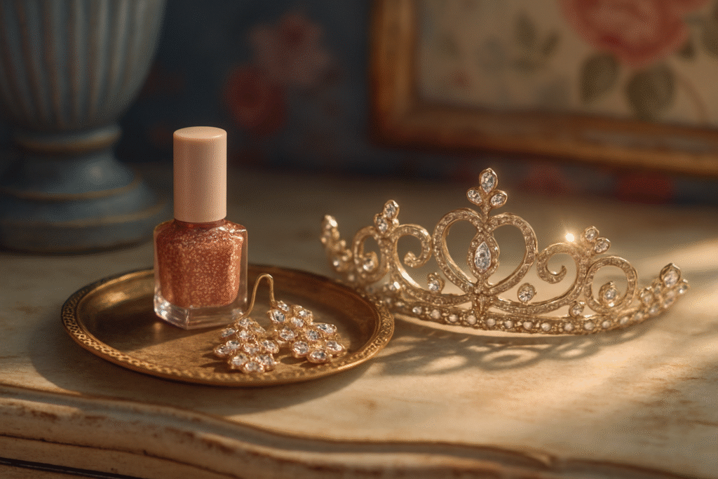whimsical flat lay including nail polish, earrings and a tiara sparkling in the sun