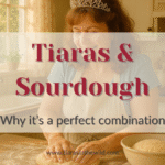 A smiling woman with a tiara kneads sourdough in a cozy kitchen, sunlight streaming through a window.