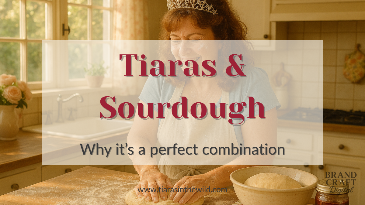 A smiling woman with a tiara kneads sourdough in a cozy kitchen, sunlight streaming through a window.