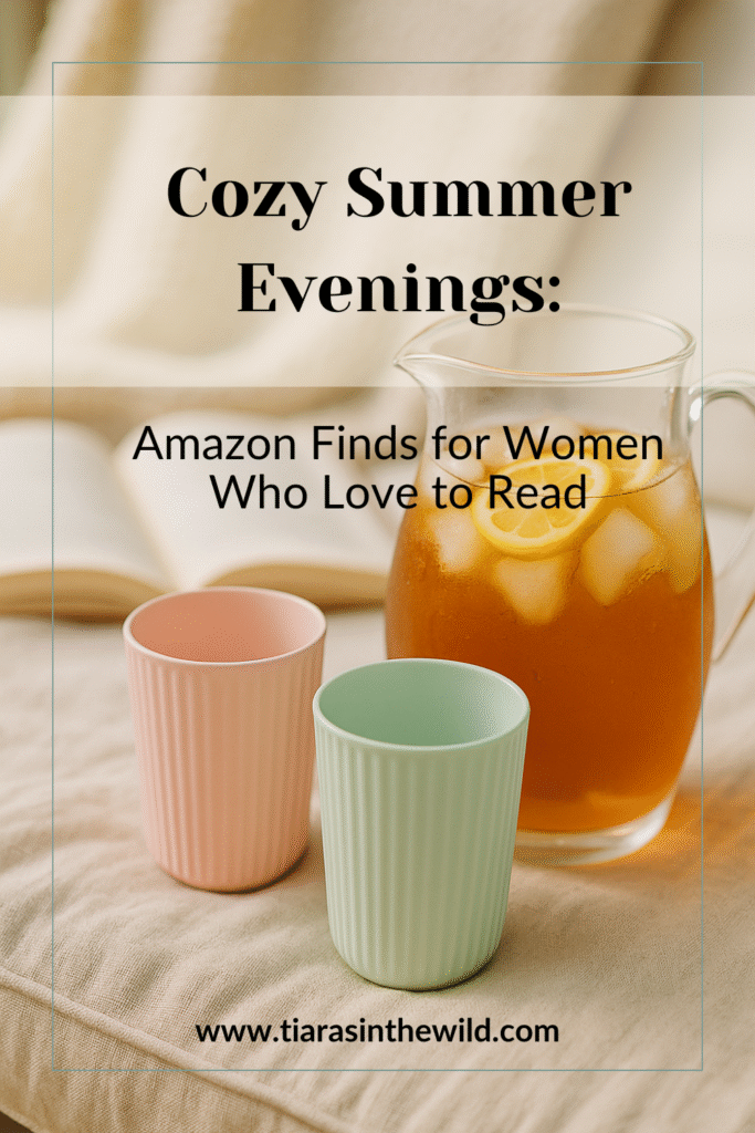 close‑up of pastel tumblers next to a pitcher of iced tea, with a soft‑focus backdrop of a throw blanket and an open book.