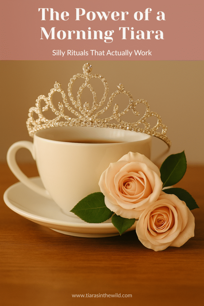 Sparkly tiara next to morning coffee and flowers, cozy ritual sparkle