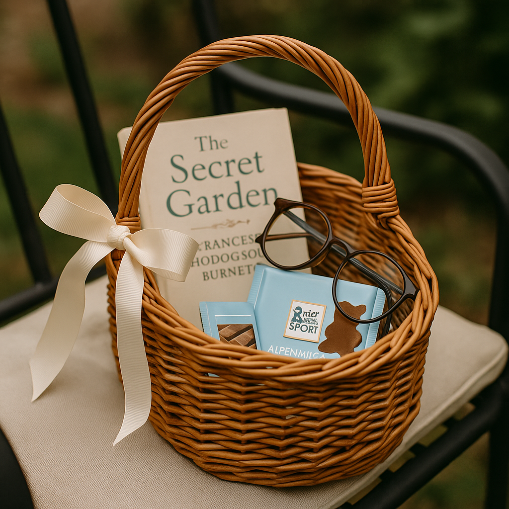 Wicker basket filled with a novel, reading glasses and a chocolate bar.
