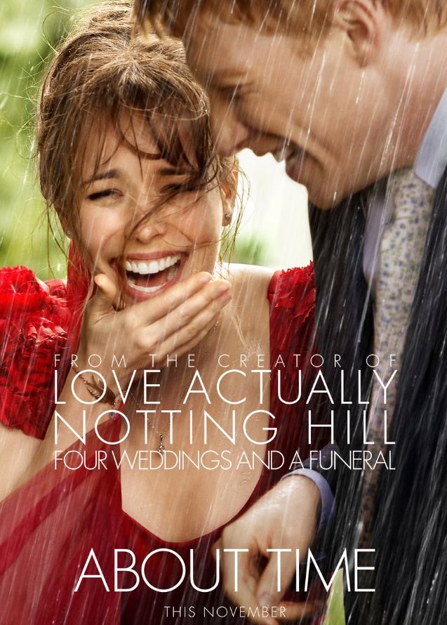A candid photo of Rachel McAdams laughing in the rain in a red dress. Whimsical and romantic, like the film itself.