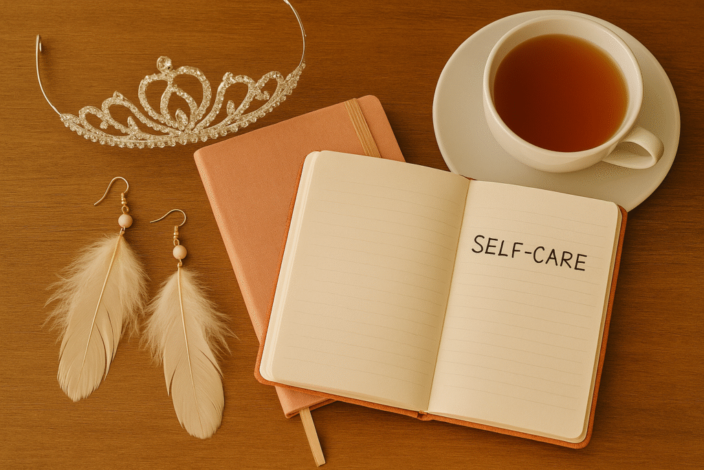 Flat lay of tiara, earrings, tea cup and notebook for morning ritual