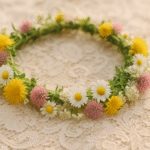 Wildflower crown on lace cloth in soft focus