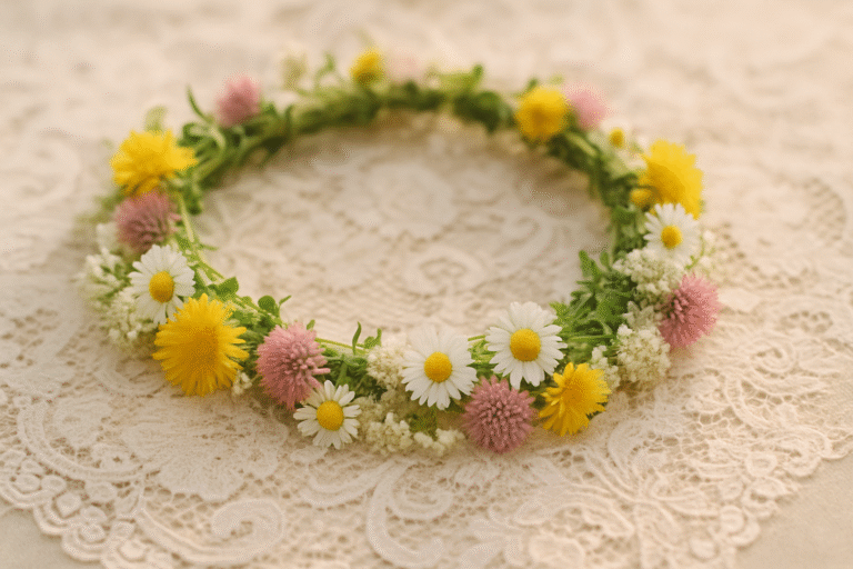 Wildflower crown on lace cloth in soft focus
