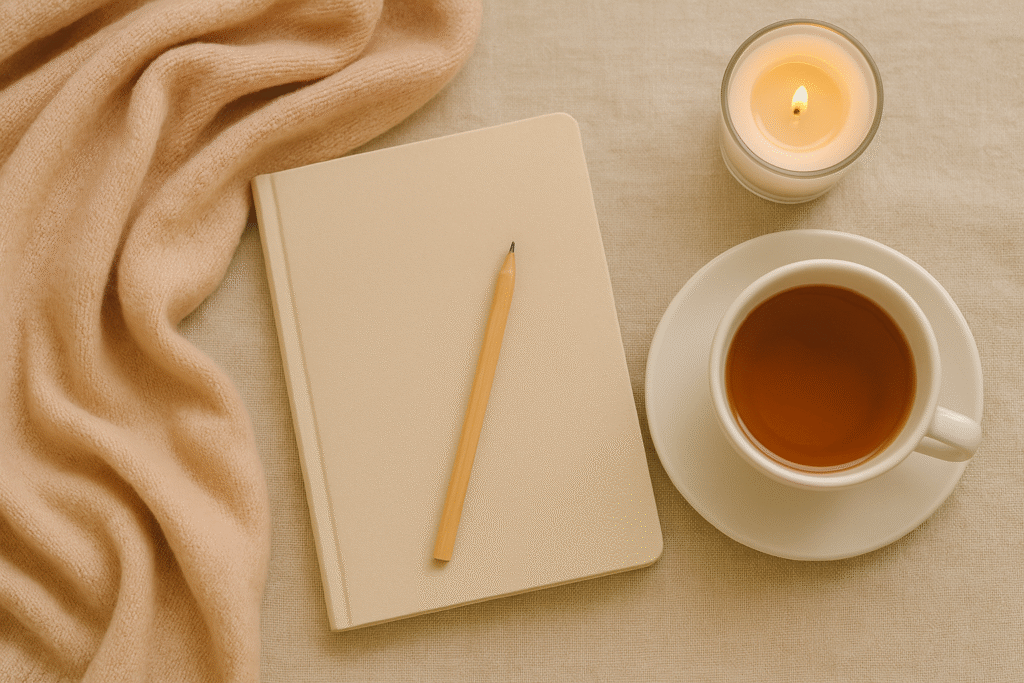 Cozy flat lay with tea, notebook, candle, and scarf