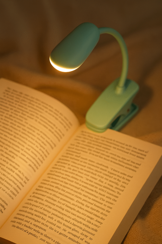 Mint‑green clip‑on reading light glowing on an open book at dusk.