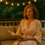 lifestyle photo of a woman in a breezy robe, seated on a cushioned porch swing, holding an open book as fairy lights twinkle overhead.
