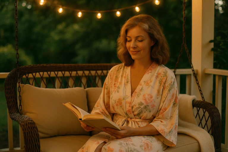 lifestyle photo of a woman in a breezy robe, seated on a cushioned porch swing, holding an open book as fairy lights twinkle overhead.