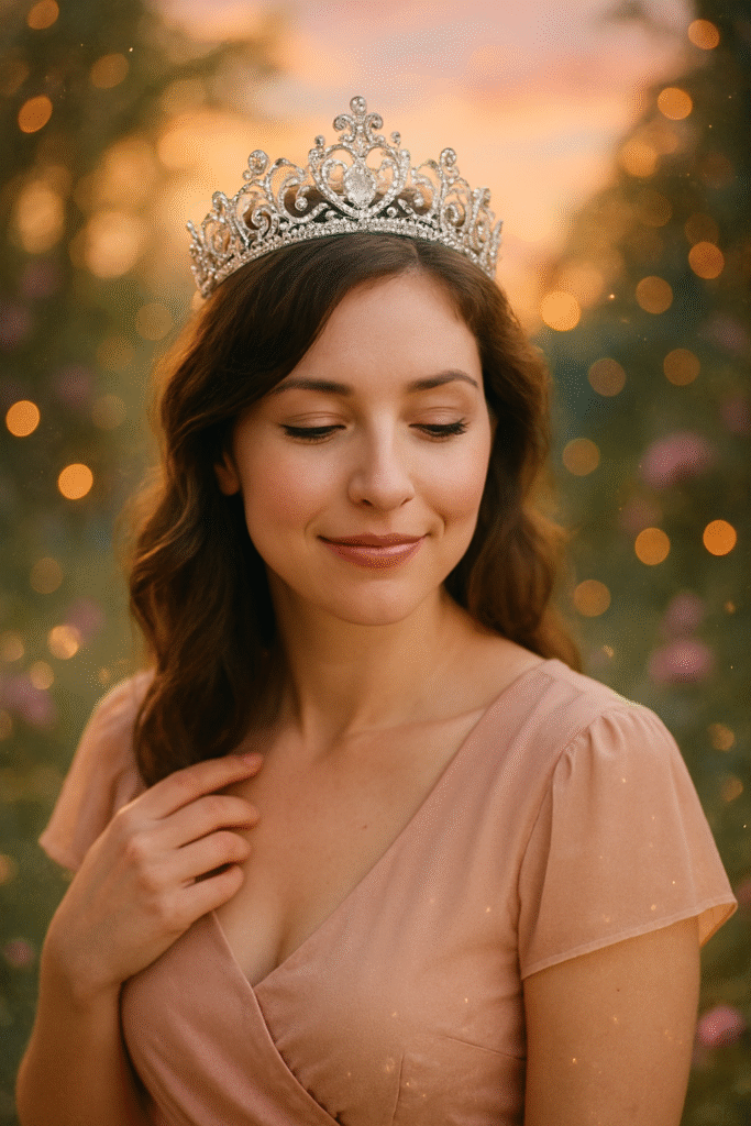 A woman wearing a tiara, radiating confidence and embracing her inner royalty.
