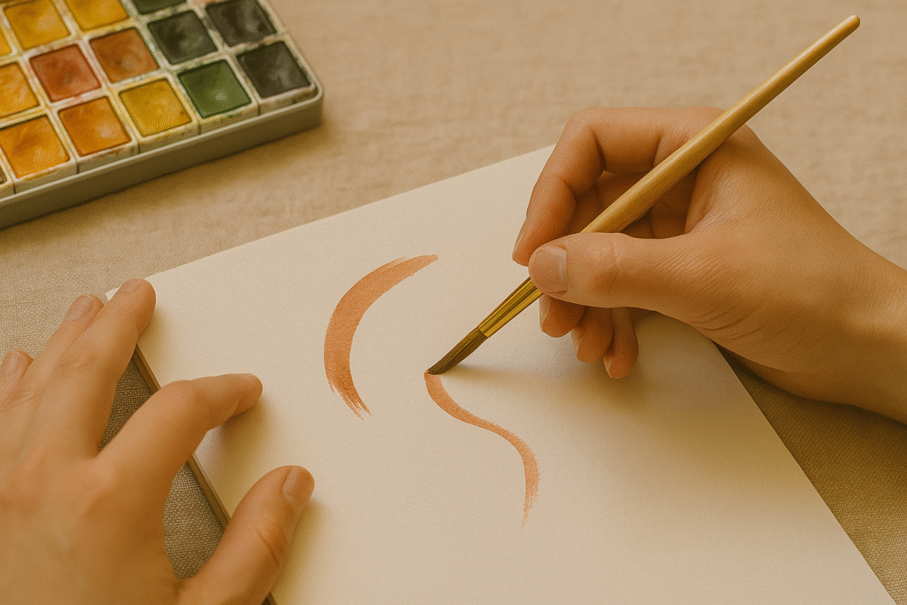 Paintbrush in hand with watercolor in motion on a page.