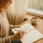 Woman sketching by the window with tea beside her.