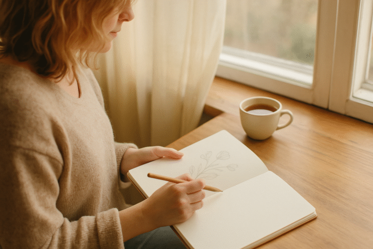 Woman sketching by the window with tea beside her.