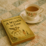 Soft-focus image of a vintage copy of A Wrinkle in Time with a teacup beside it, laid on a cozy quilt.