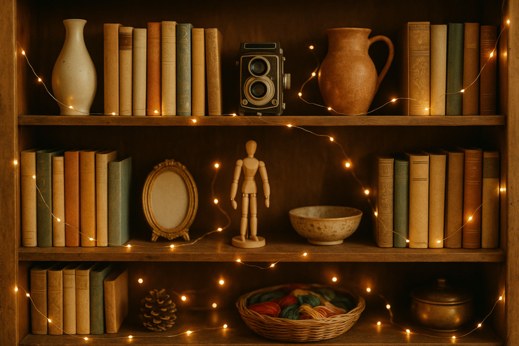 Vintage-style bookshelf with creative trinkets and fairy lights.