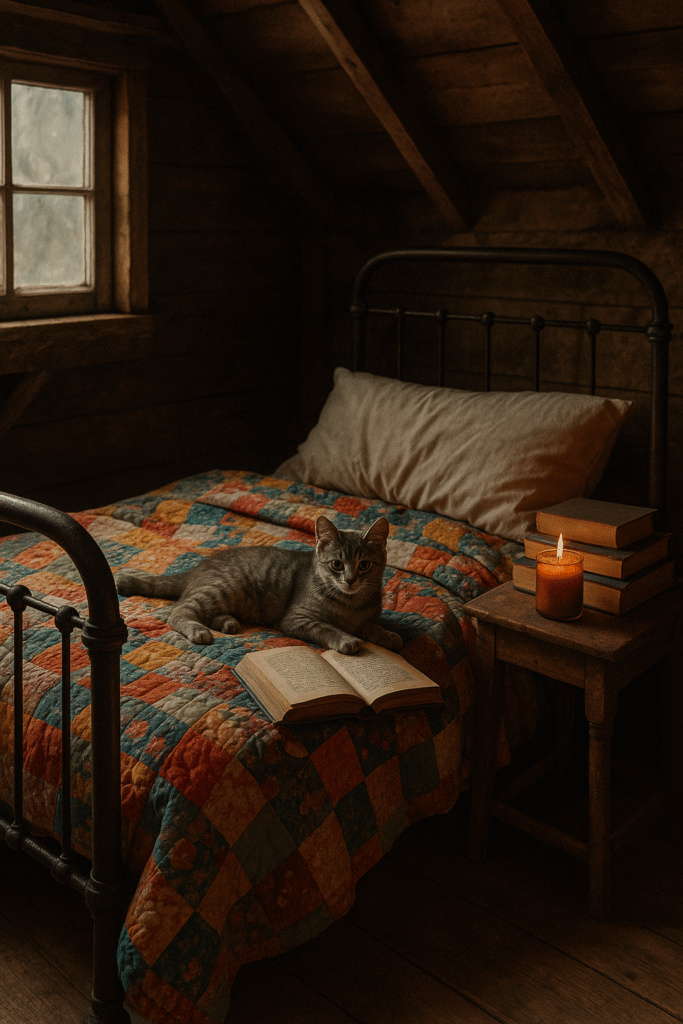 Cozy attic scene with kitten and candle and a stack of books.
