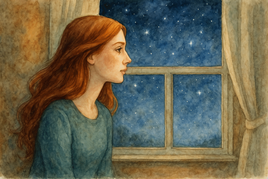 A watercolor of a woman looking out a window with stars above