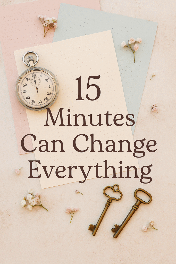 A dreamy flatlay with pastel journaling pages, a stopwatch, vintage keys and tiny blooms, overlaid with whimsical text: “15 Minutes Can Change Everything”.