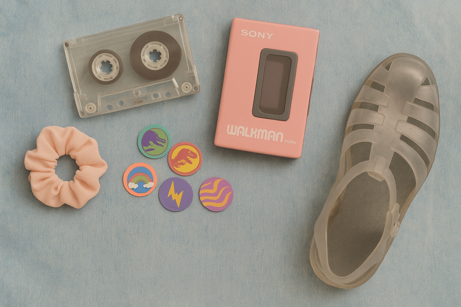 Flat lay of 80s childhood toys and accessories on a denim background