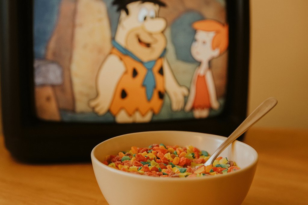 Colorful cereal bowl in front of a retro cartoon TV screen
