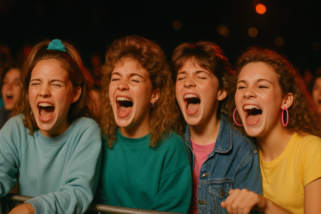 Four teenage girls in colorful 1980s outfits cheer and scream with joy at a concert, their faces lit by warm stage lighting, capturing the excitement and energy of the era.