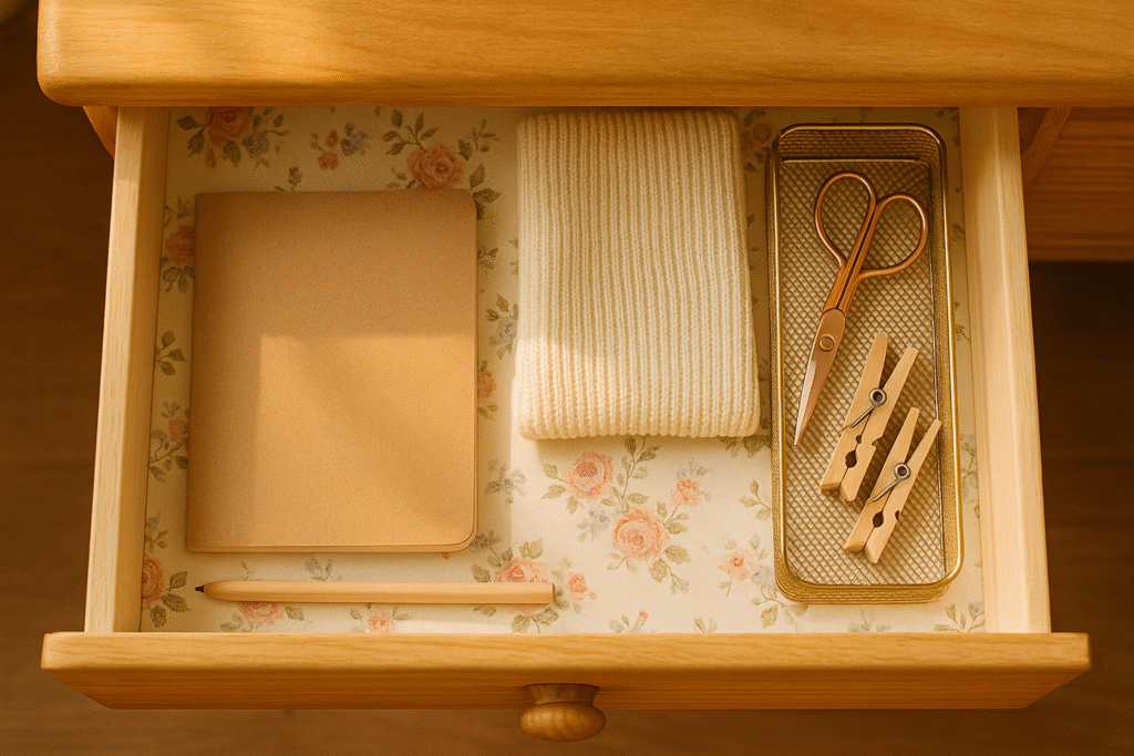 A small drawer, gently organized with floral liner—order in a tender corner.