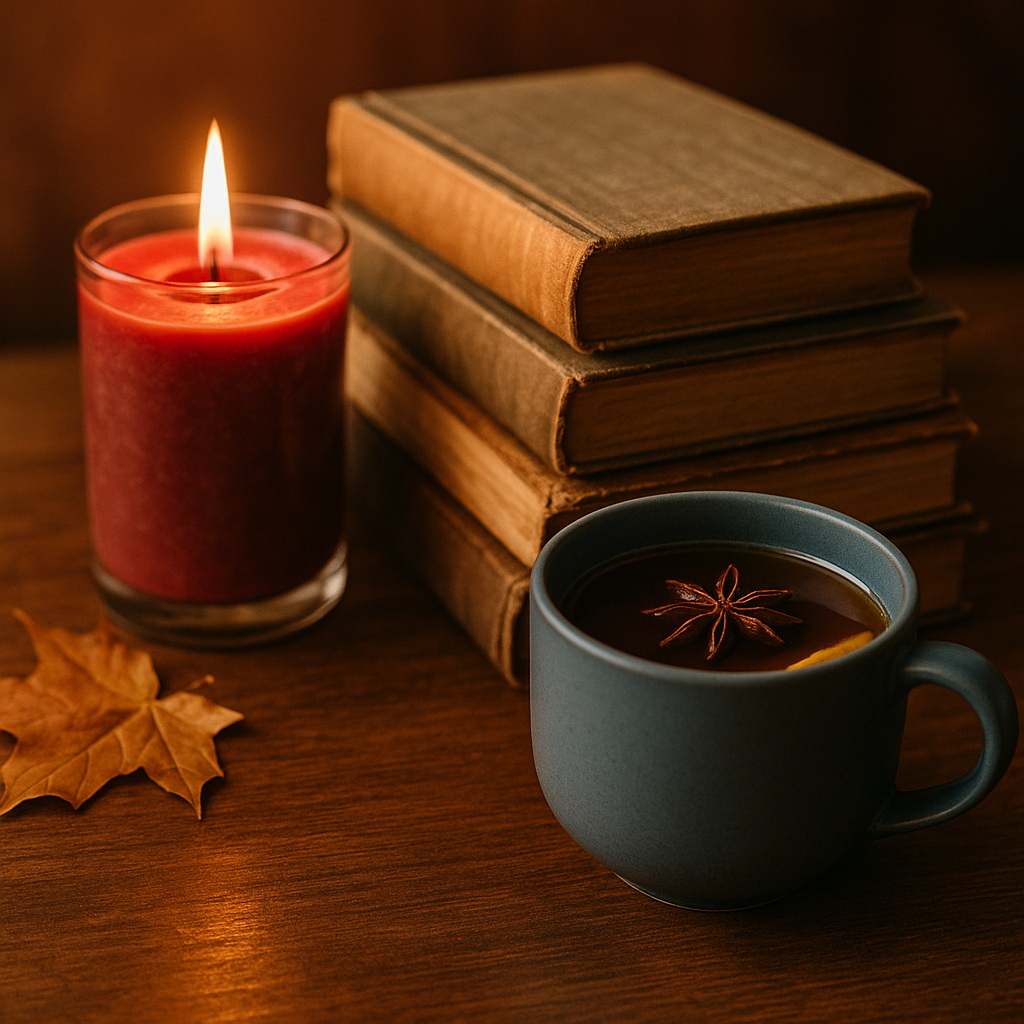 Candlelit autumn ritual with vintage books and spiced tea in a slate blue mug.