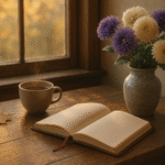 Cozy September journaling scene with autumn light, tea, and flowers.