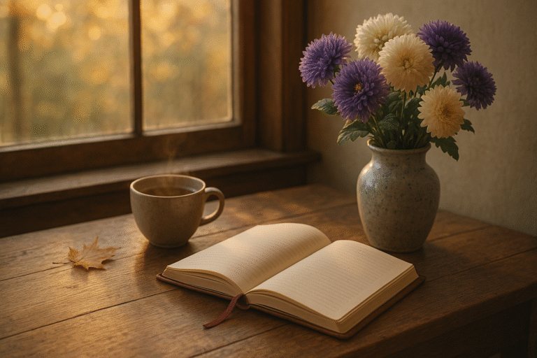 Cozy September journaling scene with autumn light, tea, and flowers.