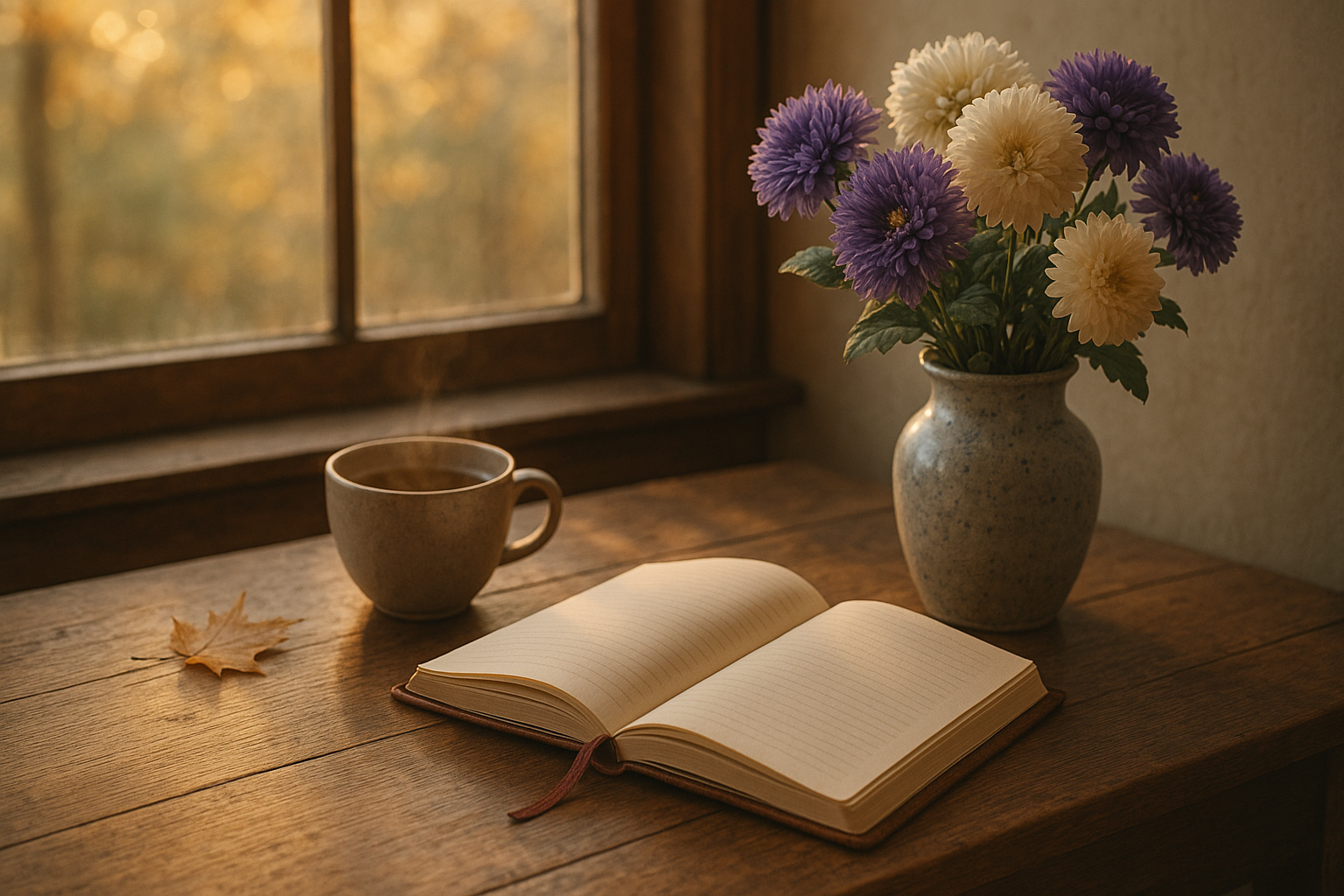 Cozy September journaling scene with autumn light, tea, and flowers.