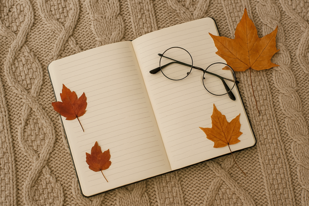 Autumn journaling flat lay with leaves and glasses.