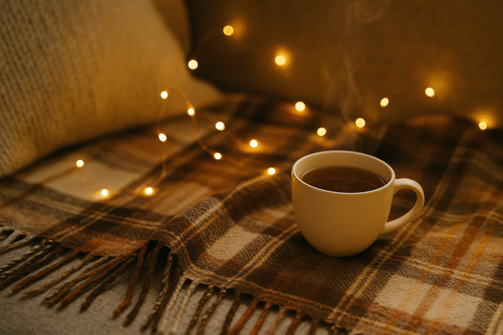Cozy fall reading nook with fairy lights and tea.