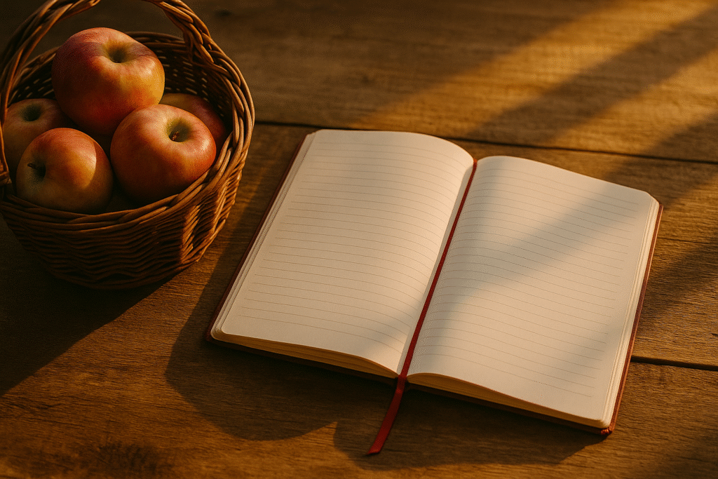 Apples and journal in warm autumn sunlight.