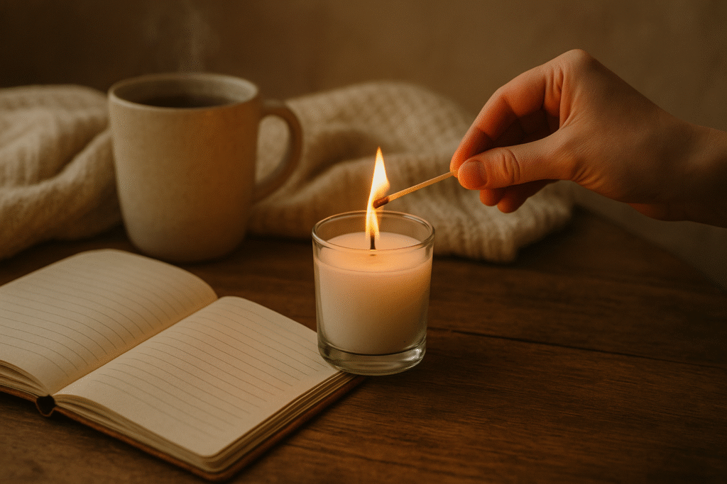 A gentle hand lighting a candle next to a vintage notebook and a steaming mug.