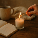 A gentle hand lighting a candle next to a vintage notebook and a steaming mug.