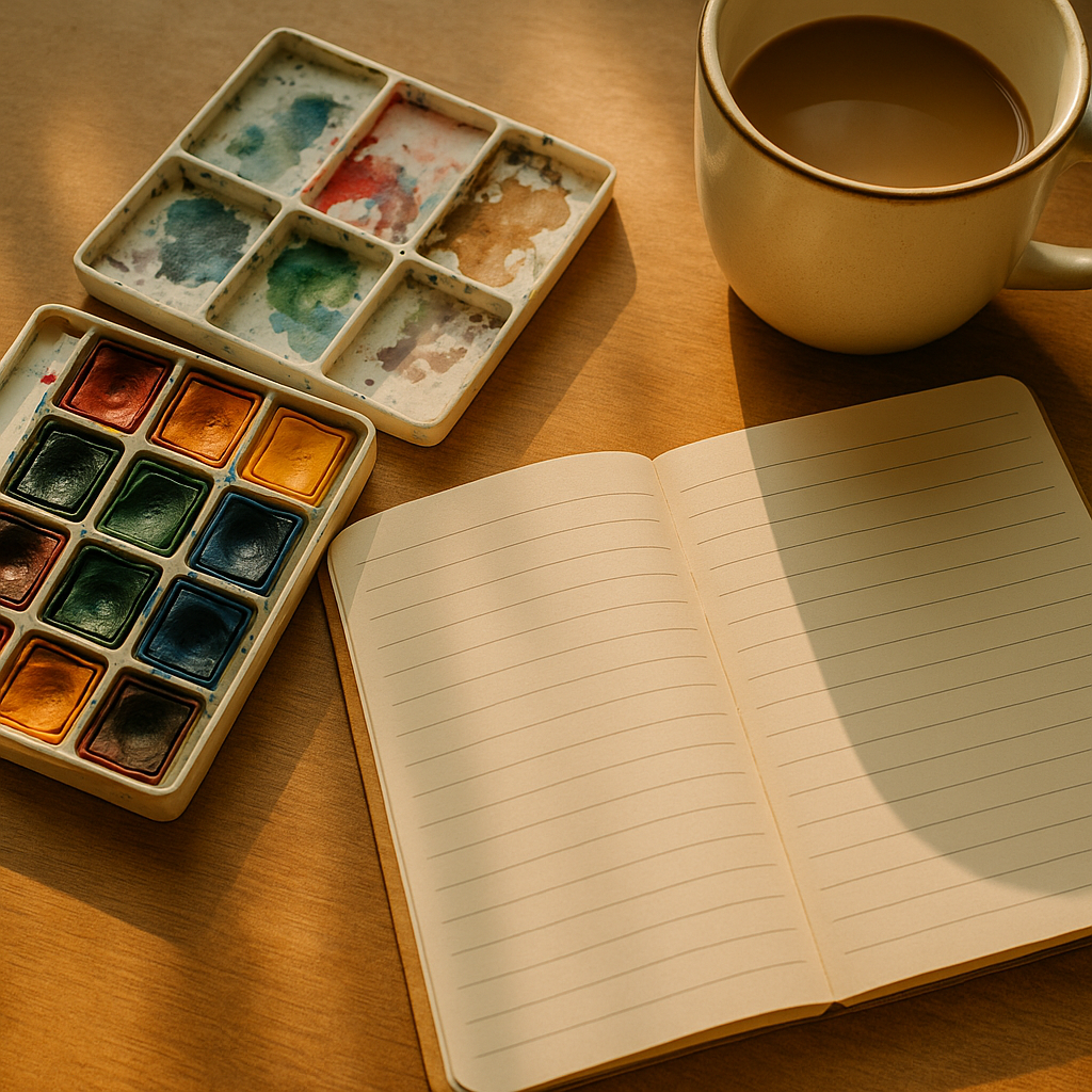 A cozy creative burst—watercolors and journal glowing in soft morning light.