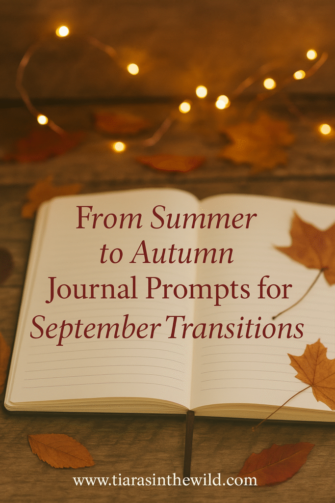 Pinterest pin design with journal, fairy lights, and autumn leaves.