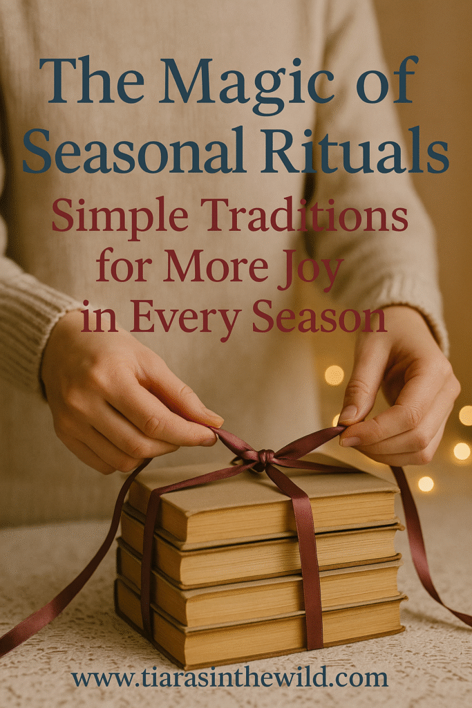 Vintage books tied with ribbon, fairy lights in background, text overlay about seasonal rituals.