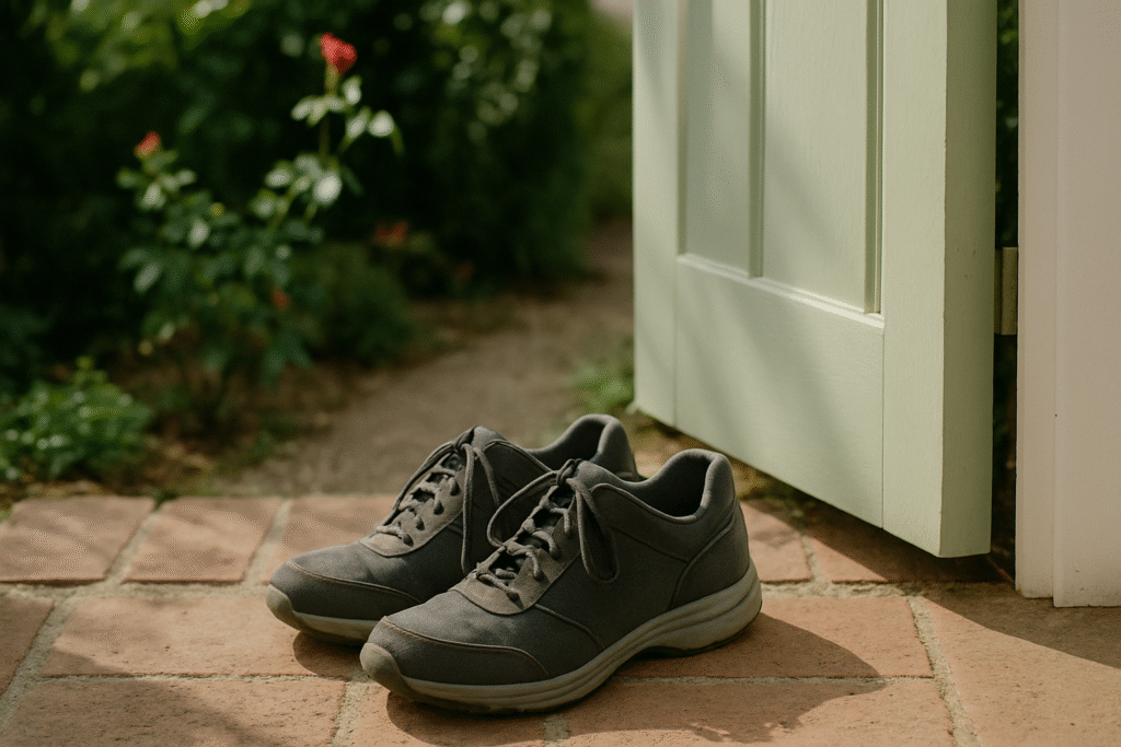 Walking shoes resting by a garden door—an invitation to a tranquil stroll.
