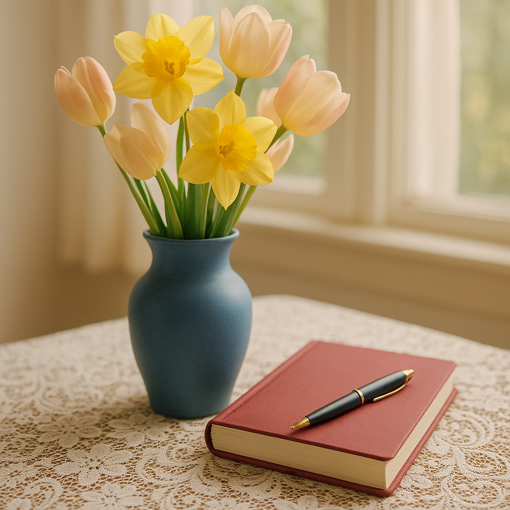 Fresh spring blooms in a slate blue vase beside a journal on a lace tablecloth, symbolizing seasonal renewal.