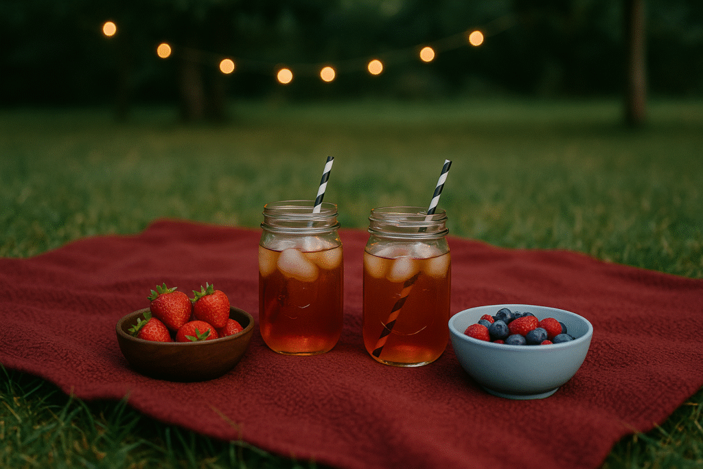 Cozy twilight picnic on a cranberry blanket with berries, iced tea, and fairy lights in the background.