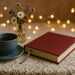 Cozy seasonal ritual setup with tea, journal, and fairy lights in slate blue and cranberry tones.