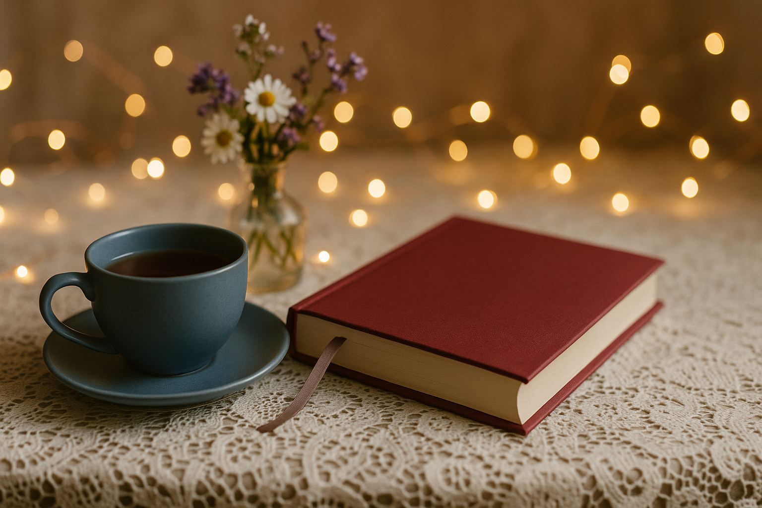Cozy seasonal ritual setup with tea, journal, and fairy lights in slate blue and cranberry tones.