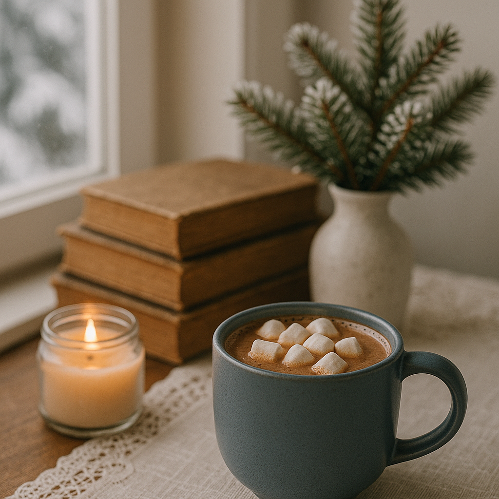 Slate blue mug of hot cocoa with marshmallows on a lace-trimmed table, beside a glowing candle, vintage books, and a small evergreen sprig, with snow-covered trees visible through the window.