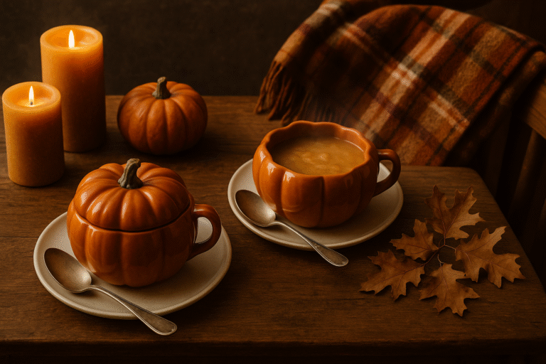 A rustic October table set with pumpkin bowls, amber candles, a plaid throw draped nearby.