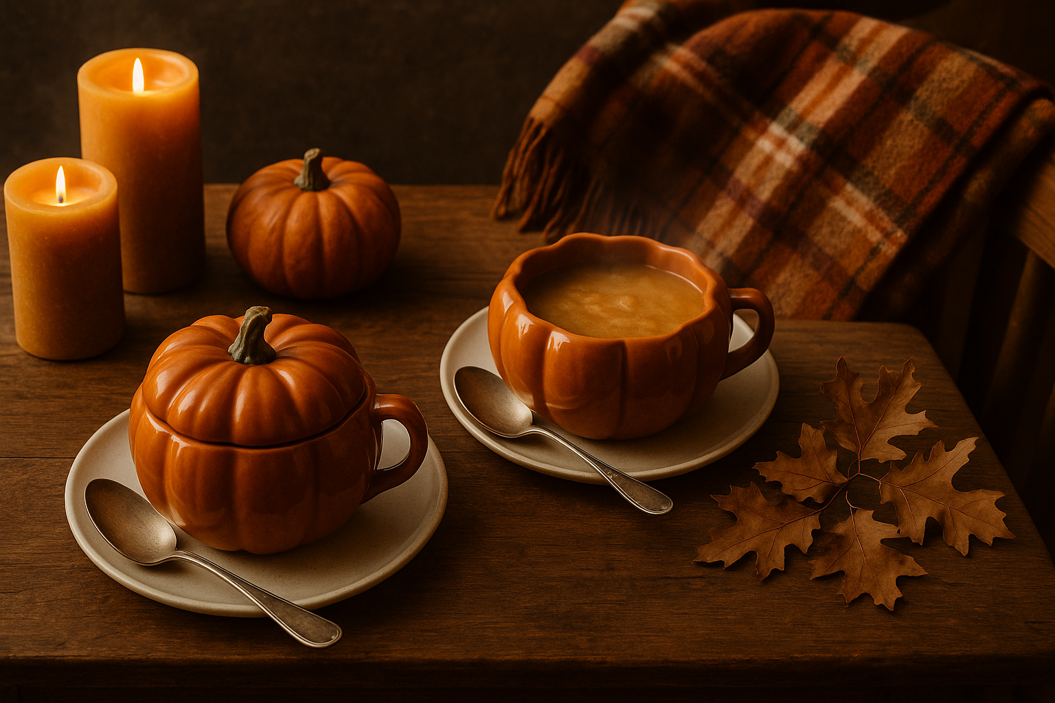 A rustic October table set with pumpkin bowls, amber candles, a plaid throw draped nearby.